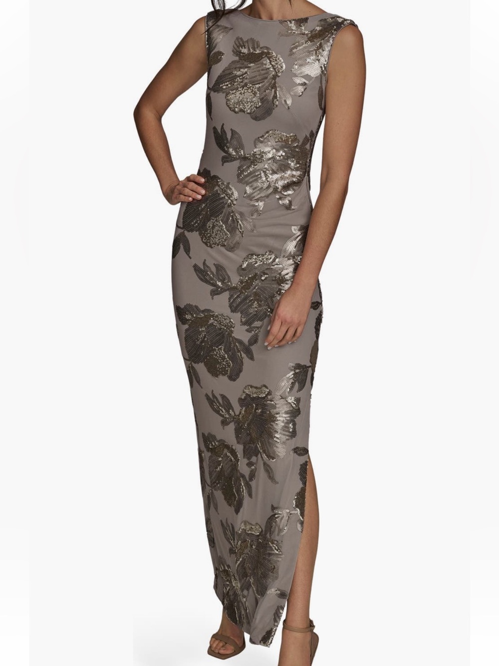 Donna Karan - Sleeveless Taupe Sequin Floral Maxi Dress